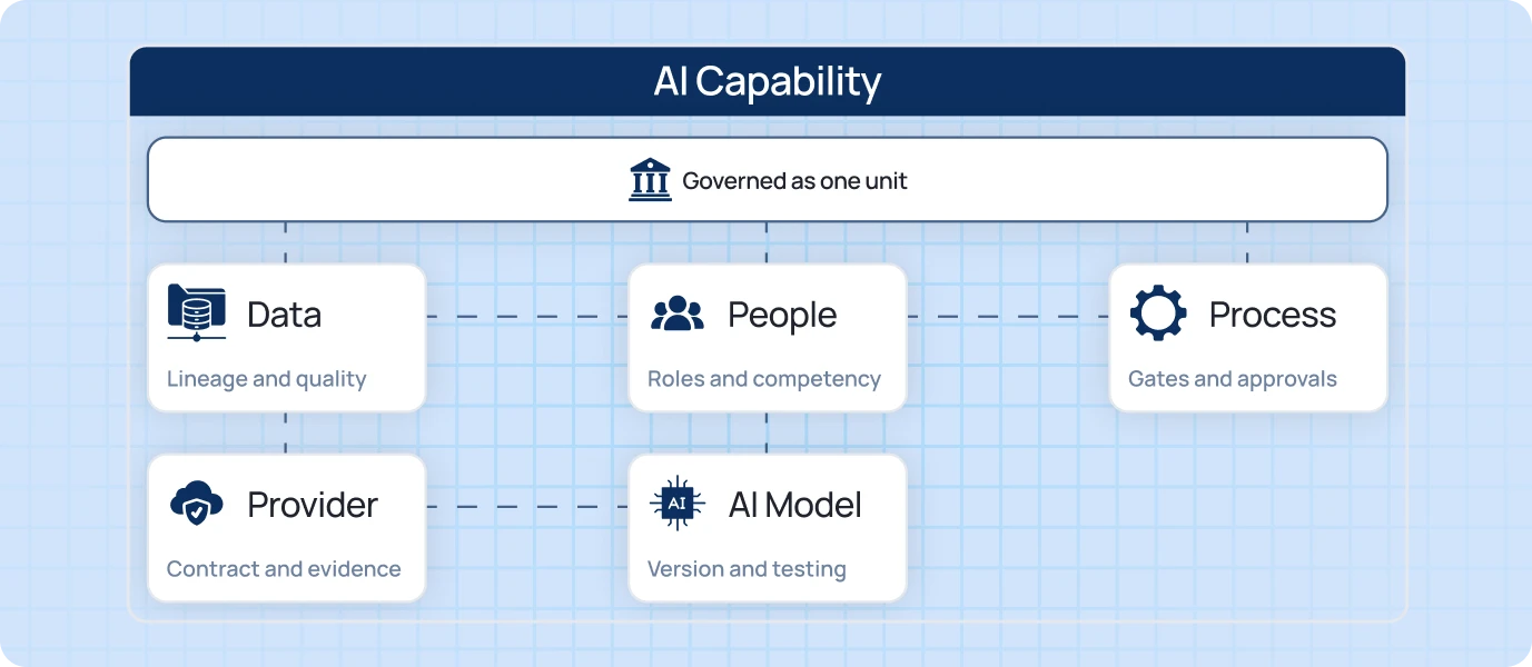 An AI capability governed as one unit across its data, people, process, provider, and AI model.