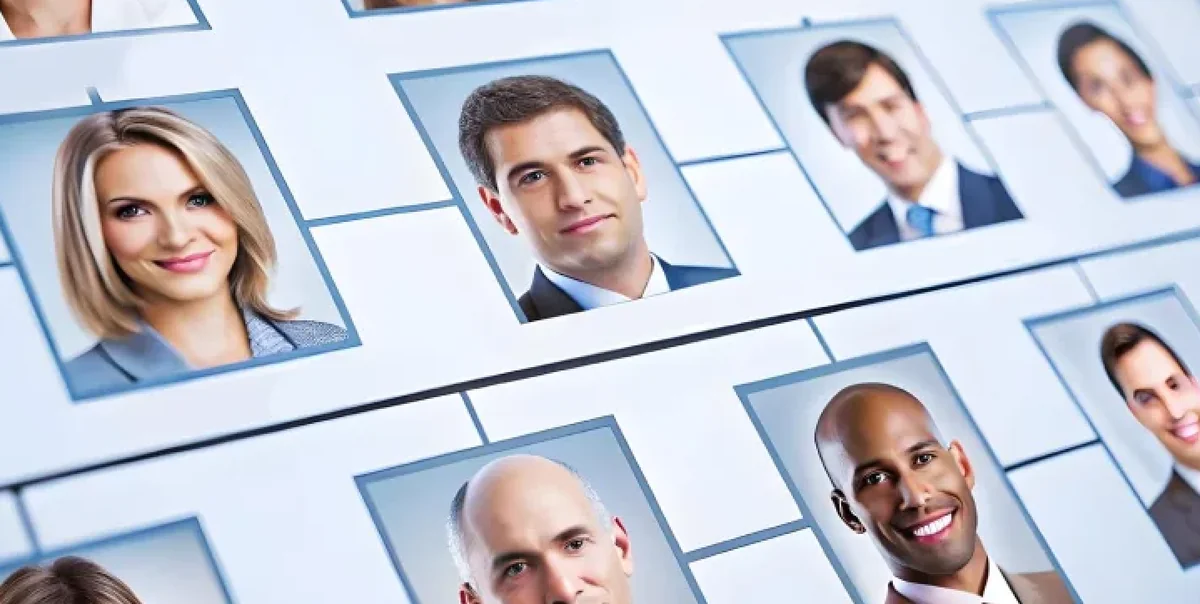 Grid directory of diverse professional member portraits and identity badges.
