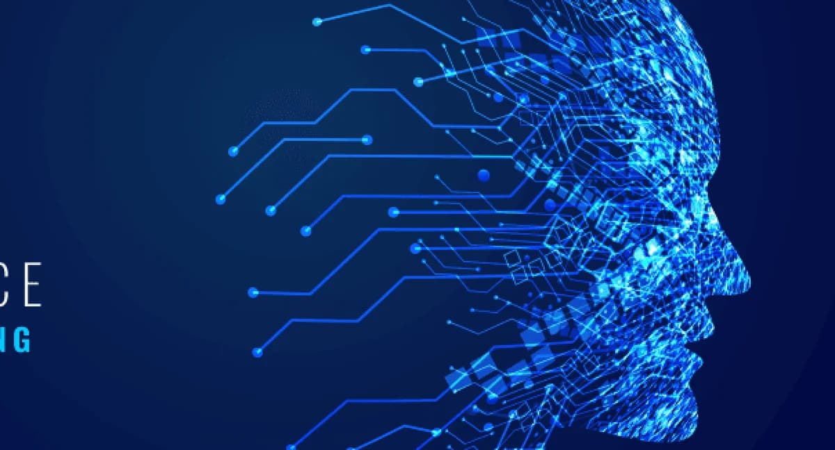 Deep navy background with luminous blue circuit board traces and neural pathways.