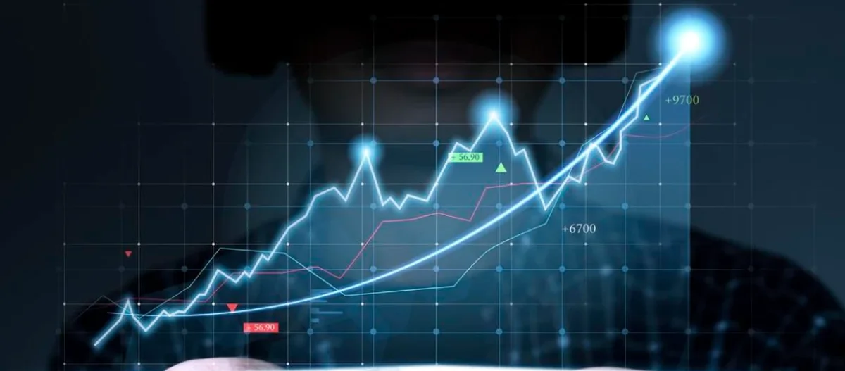 High-tech data visualization with glowing analytical line graphs and neural network nodes.