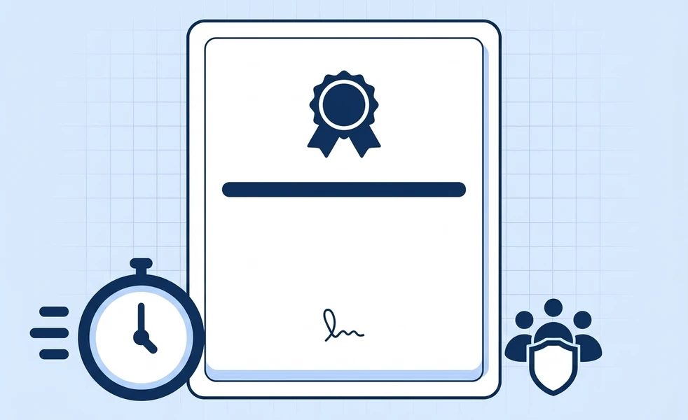 A professional certificate with a timer and team assurance symbol.